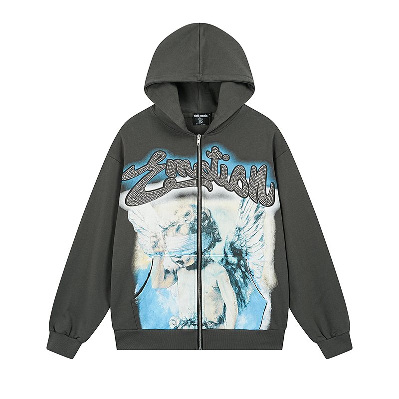 MIXED EMOTION Diamond Graphic Zip-Up Hoodie