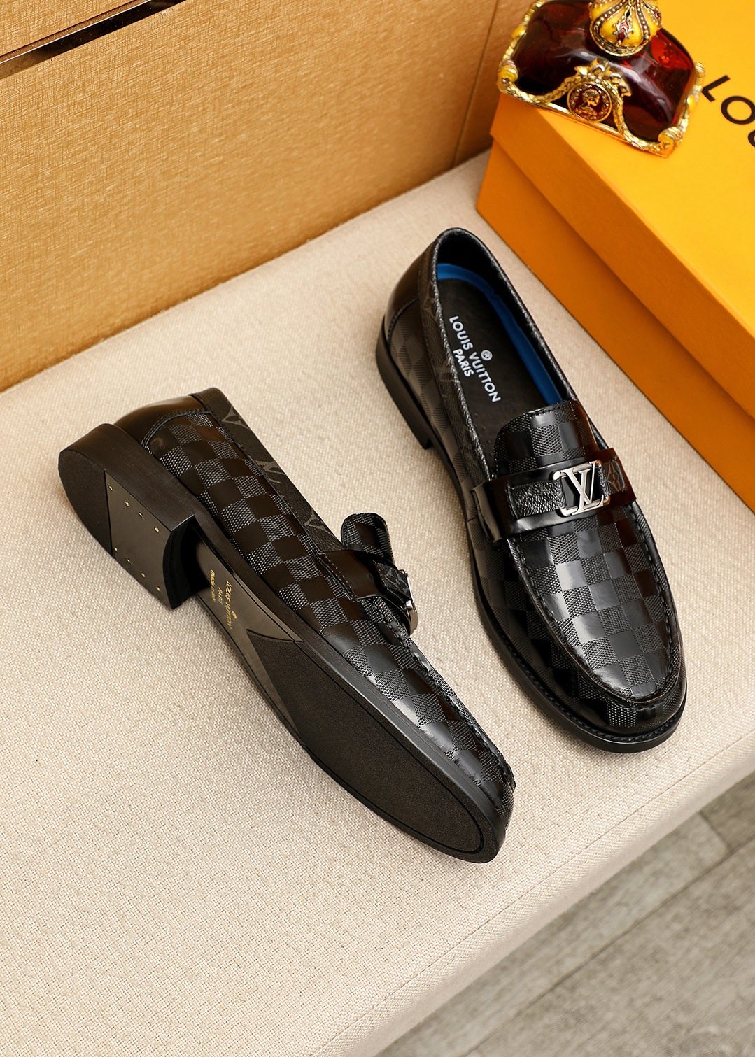 Louis Vuitton Black and Dark Gray Check Loafers